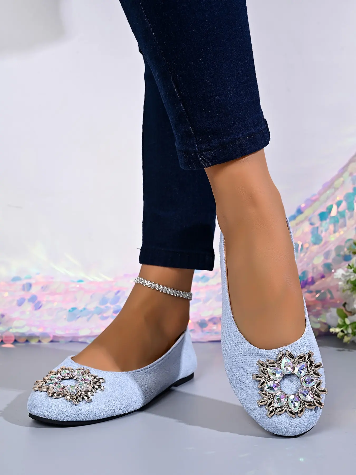 Elegant Round Toe Flat Shoes, Floral Rhinestone Decor, Slip-On Comfortable Footwear, Versatile Ballet Style, Ideal for Office & Events