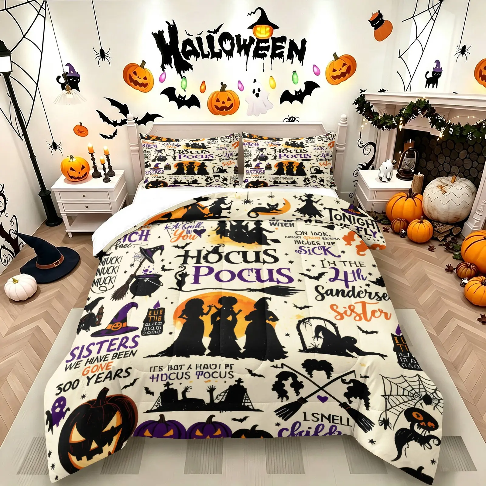 Halloween Hocus Pocus Comforter Set, Quilted Duvet Set, 1 Comforter +1‑2 Pillowcases, Soft Cozy Breathable Washable Microfiber Bedding, Witch Silhouette Pumpkin Element Printed All‑Season Quilt, Vintage Halloween Themed Bedroom Dorm Decor