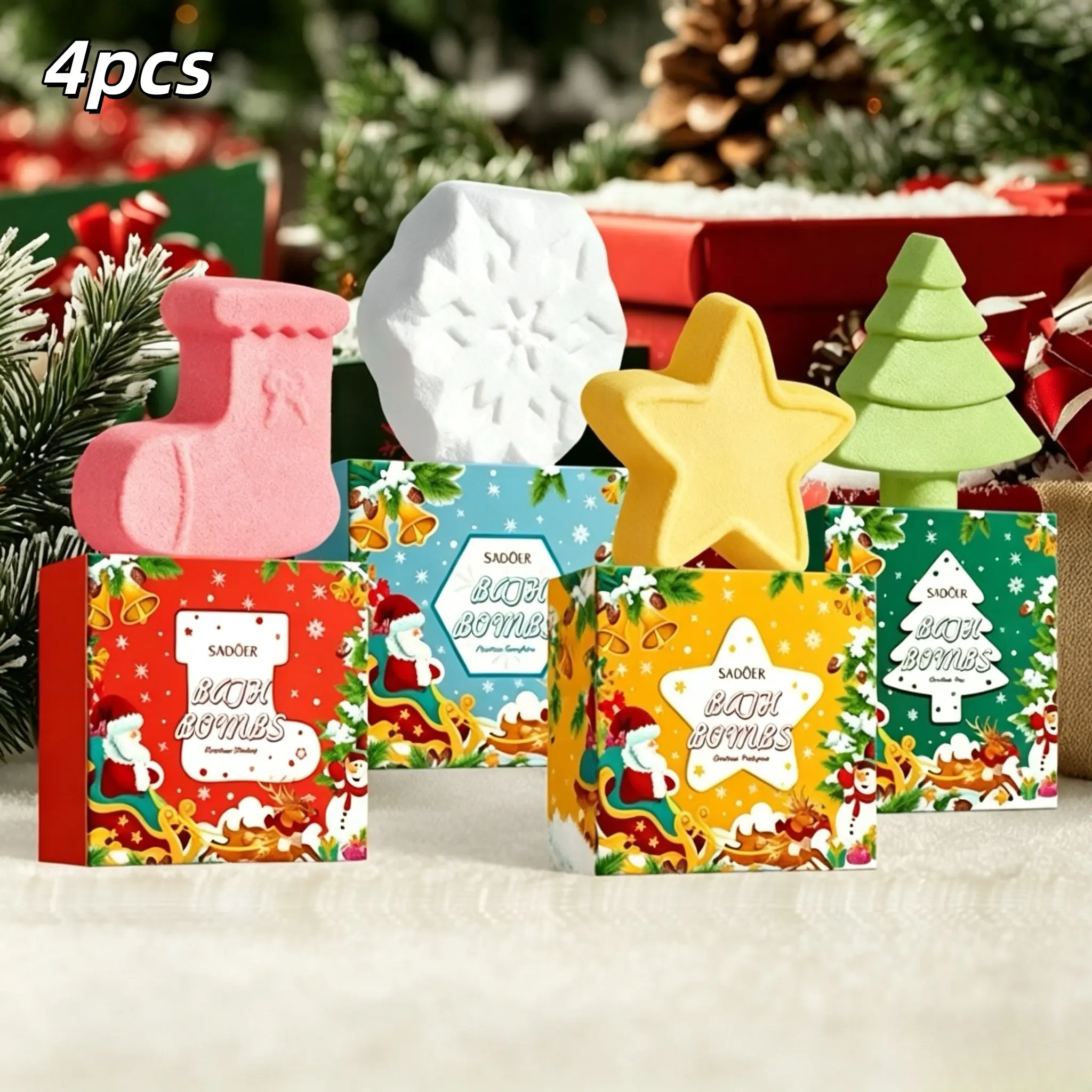 Four-Piece Christmas Sock Bath Salt Balls, Deep Cleansing Moisturizing Bubble Bath Salts, Perfect Christmas Gift for Bathroom Use, Body Care Gift