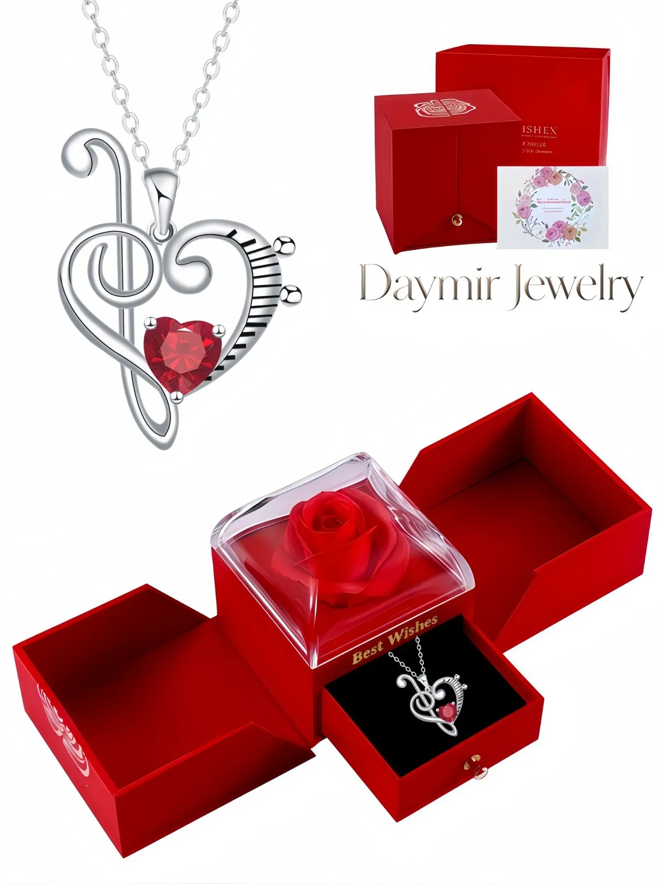 "Melody Heart Ballad · Red‑Heart Note Pendant" Chic heart‑shaped music note necklace. Paired with a surprise double‑door preserved‑rose jewelry box, it is an ideal dating gift for Valentine’s Day and Christmas.