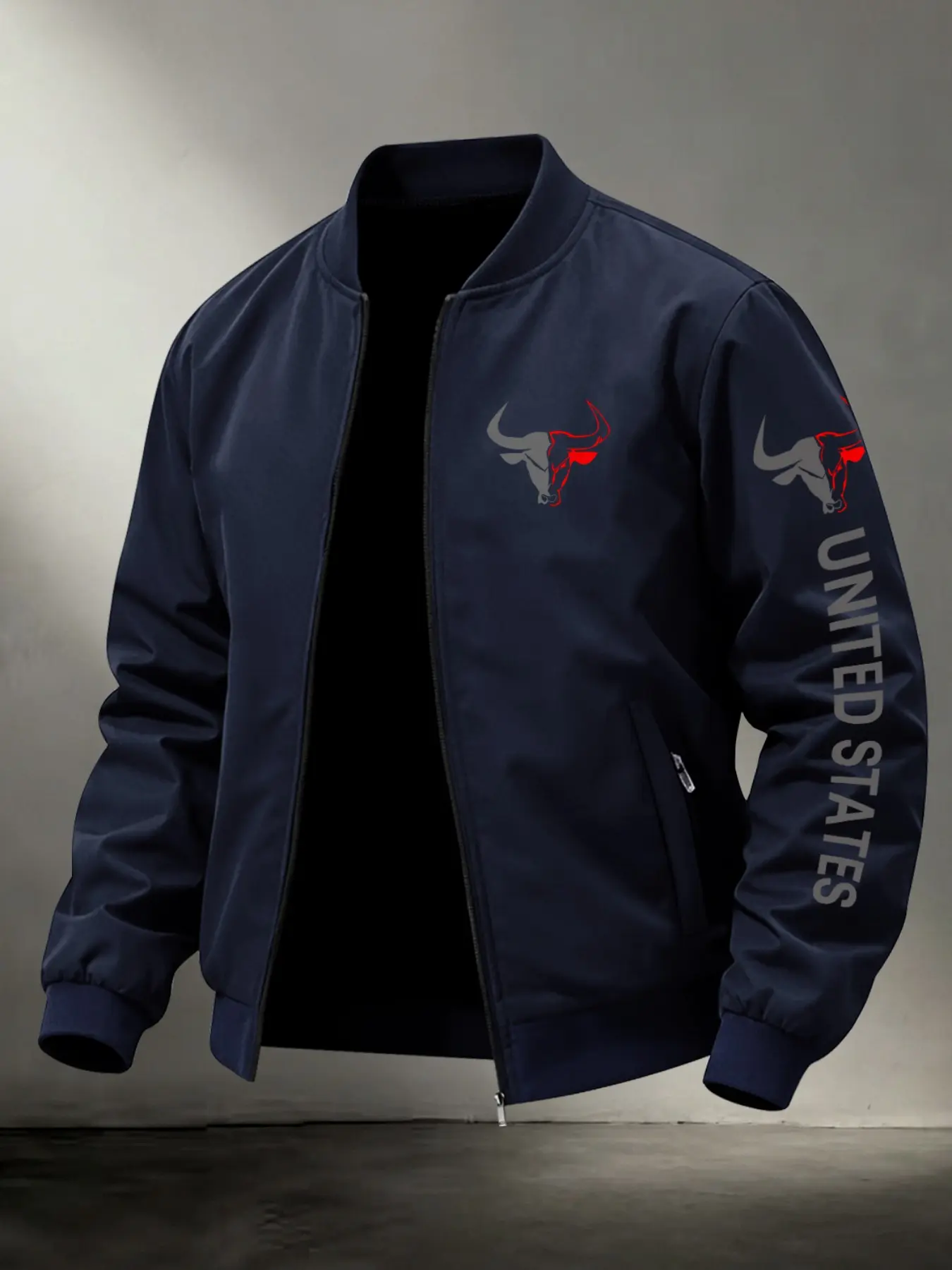 Men's Navy Blue Letter Bull Head Print Stand Collar Sport Jacket, Durable Casual Fitted Jackets Zipper Outerwear, Business Style Outdoor Coat, Perfect Gift