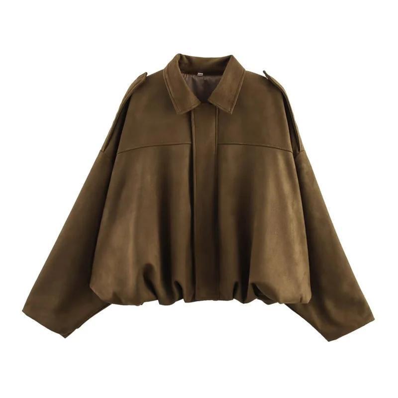 2026 Spring New Women's Suede Texture Effect Loose Fit Fashion Lapel Shoulder Bomber Jacket in Olive Brown & Burgundy