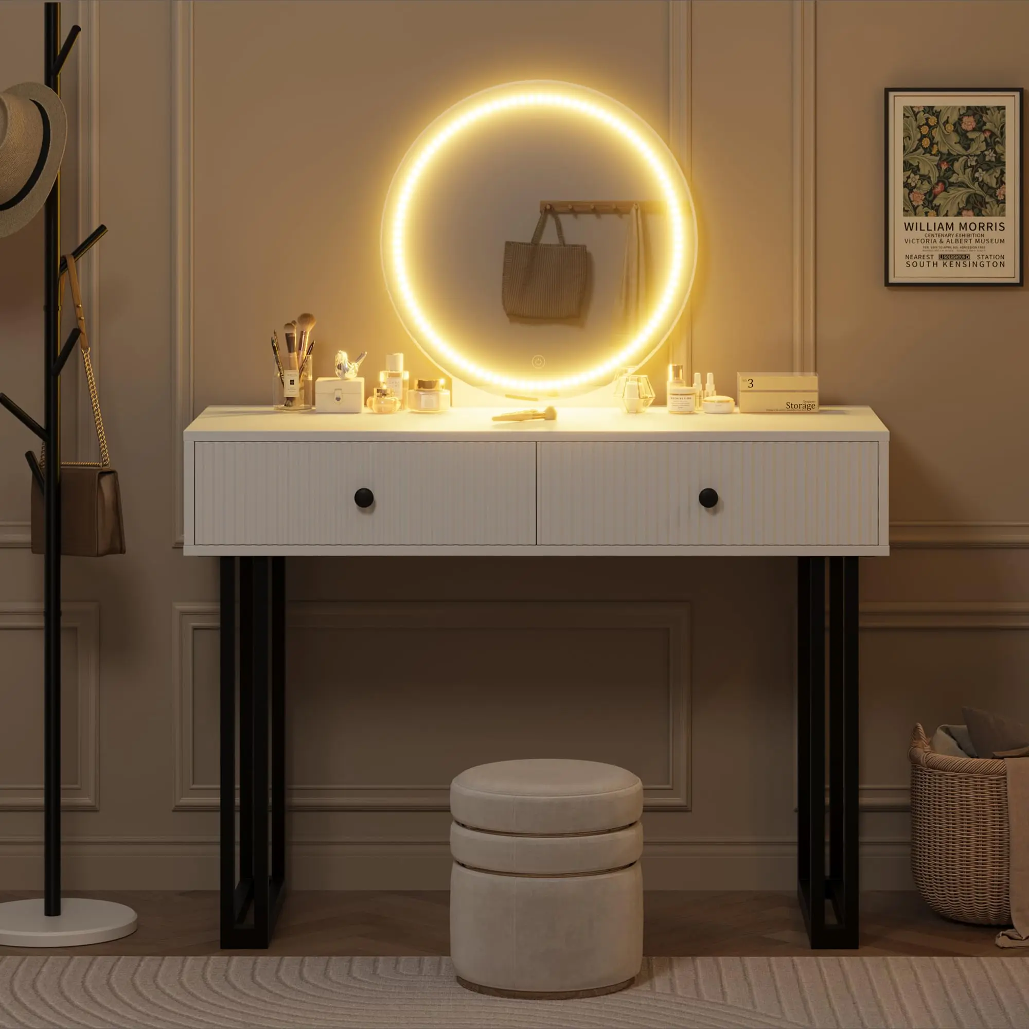 Small Vanity Desk with Mirror and Lights – Modern Makeup Vanity with 2 Drawers – 3 Color Modes & Adjustable Brightness – Dressing Table for Bedroom,dorm essentials,home decor