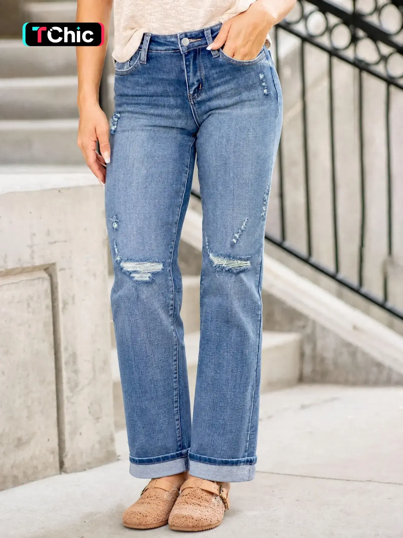 Women's Stretchy Elastic Fitted High Waist Button-Front Ripped Woven Denim Jeans with Rolled-Up Cuffs, Casual, Trendy and Fashionable for All Seasons, Cuffed Jeans