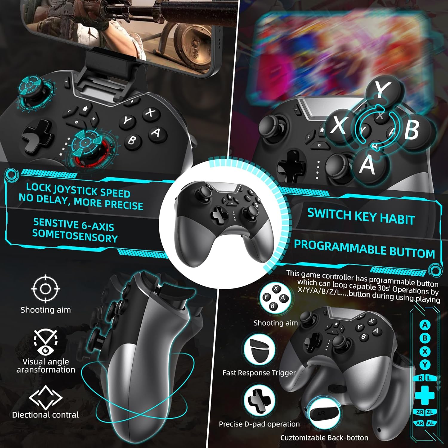 Controller for /PC//Android/ Arcade MFi /TV/Steam, Hall Effect Joysticks   Controller Gamepad with/Phone Clip/Lock Speed/Macro/6-Axis Gyro/Dual Motors/Turbo