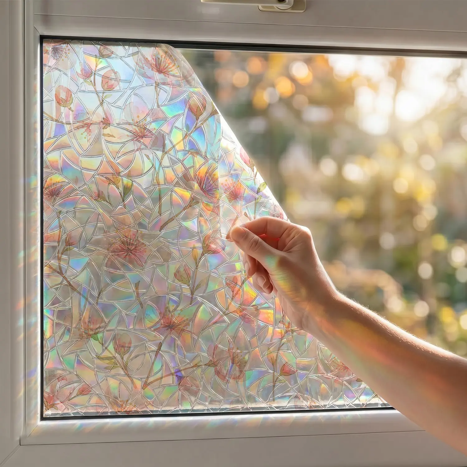 Peony Pattern Static Adhesive Colorful Glass Window Stickers, Reusable Privacy Film, Easy Installation, Artistic Water Ripple Design, Window Privacy Films