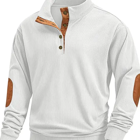 Men's European and American corduroy vertical stripes jacquard, quarter button, patch on the sleeve, trendy casual sports new button design hoodie suitable for home, leisure, campus and other scenarios, men's long-sleeved Aesthetic hoodie.