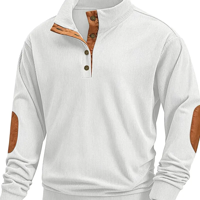 Men's European and American corduroy vertical stripes jacquard, quarter button, patch on the sleeve, trendy casual sports new button design hoodie suitable for home, leisure, campus and other scenarios, men's long-sleeved Aesthetic hoodie.