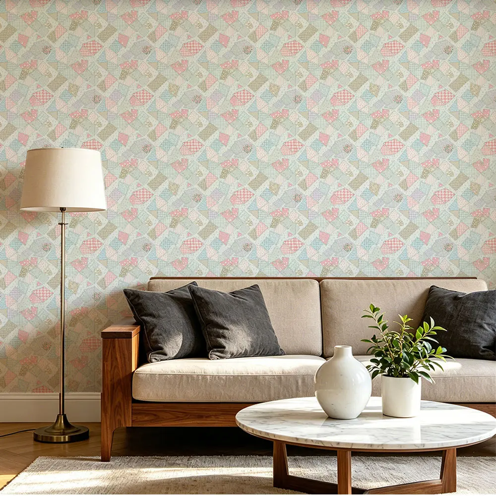 1 piece of patchwork-style geometric heart pattern printed PVC wallpaper wall sticker, with adhesive on the back for easy peel and stick application, suitable for wall decoration and old wall renovation