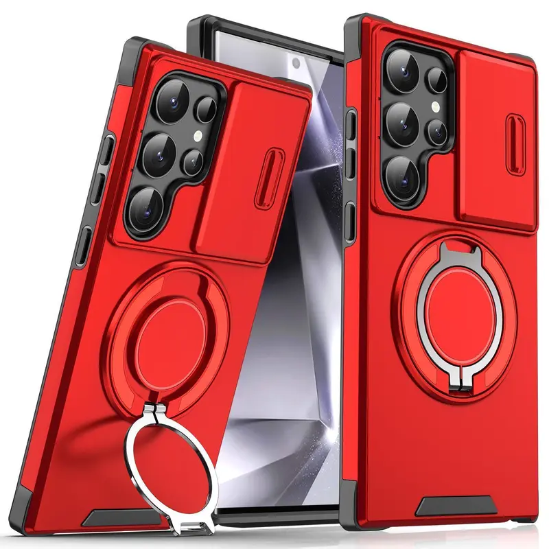 StarTU Magnetic Protective Cellphone Case for Samsung Galaxy S26-S25-S24-S23-S22-S21, Shockproof Rugged Casing Accessory with Slide Camera Lens Cover, 360° Rotating Ring Holder, Screen Protector