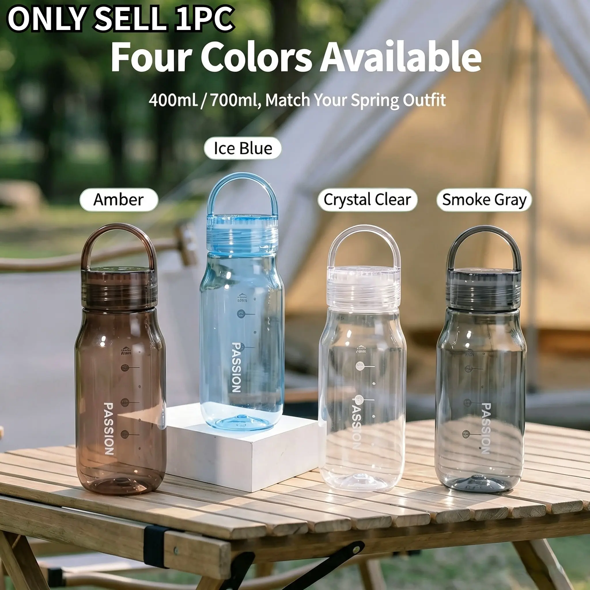 New Simple Passion Transparent Handheld Water Cup, 400/700ML Outdoor Camping Measuring Cup, Leak-Proof Plastic Drink Bottle, 4 Colors Available