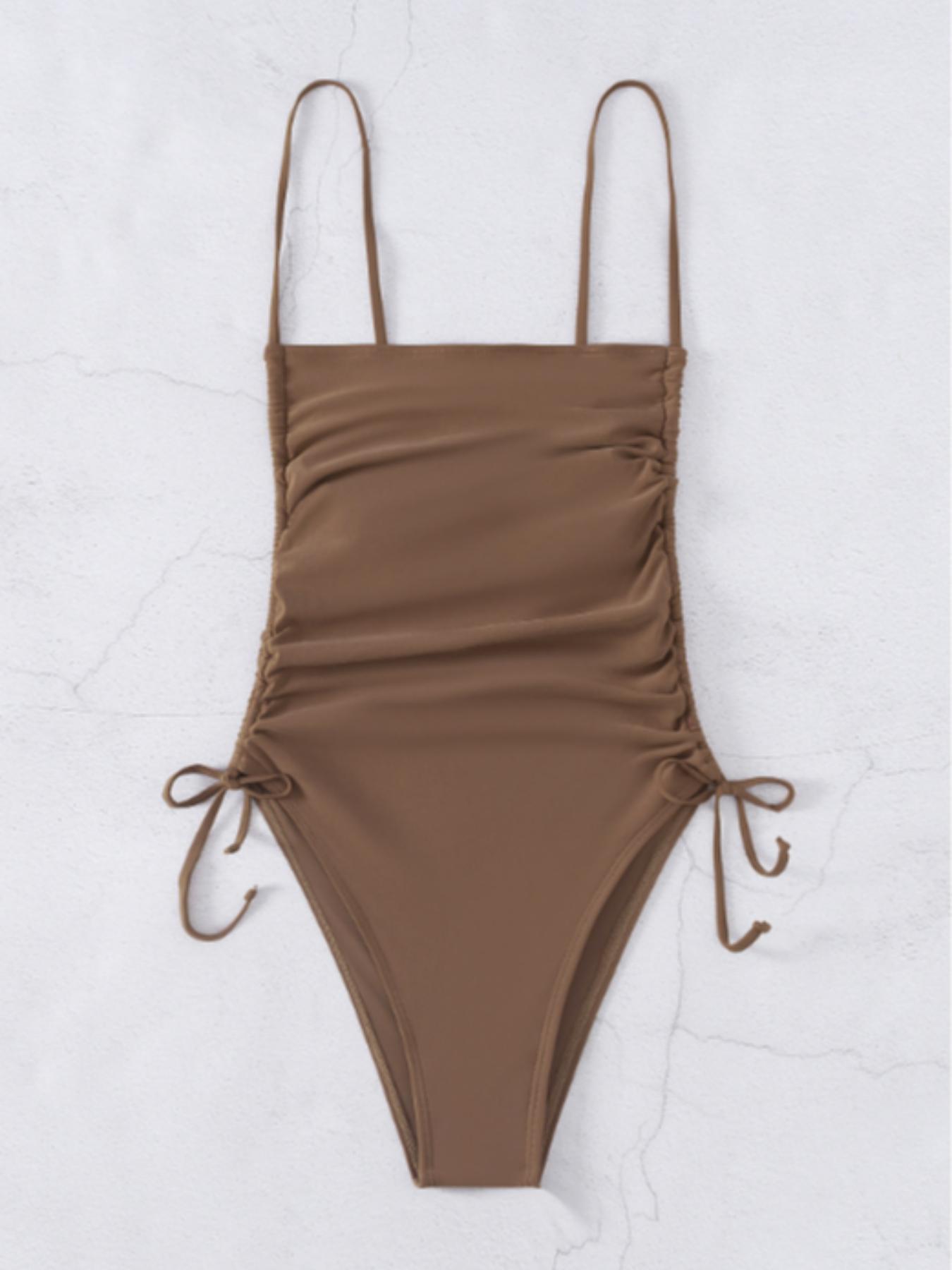 Women's Solid Tie Side Wrap One-piece Swimsuit, Swimsuit Bodysuit, Casual Elegant Sleeveless Swimwear for Beach Holiday Vacation, Ladies Swimsuit for All Seasons