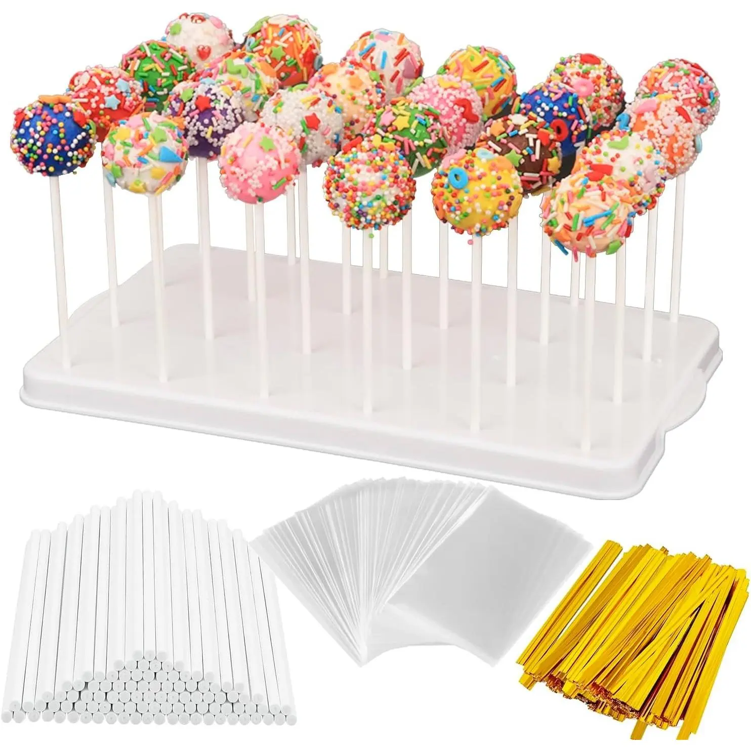 Cake Pop Stand Kit, 24 Holes Lollipop Display Holder with 100 Pcs Cake Pop Sticks, 100 Pcs Wrappers Bags, 100 Pcs Gold Twist Ties (White)