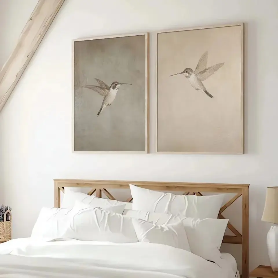 2pcs Vintage Hummingbird Canvas Wall Art, Simple Bird Farmhouse Oil Painting Poster, Rural Art Decor for Living Room Bedroom, Frameless Hanging Picture