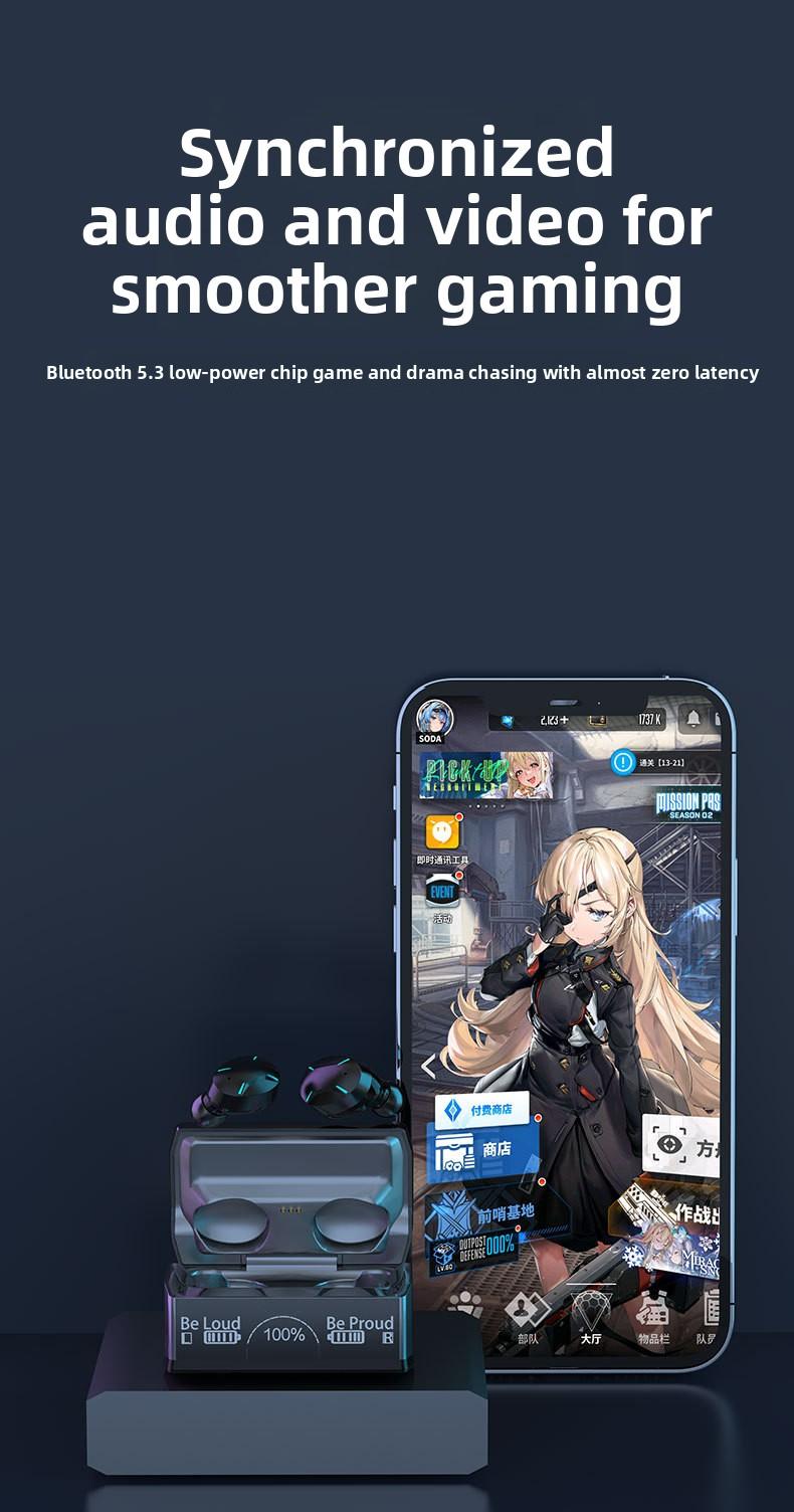 M96 Wireless Bluetooth Earphones with Digital Display Screen, In-Ear Gaming Headset, Low Latency, 5.3 Earbuds, Ultra-Long Battery Life