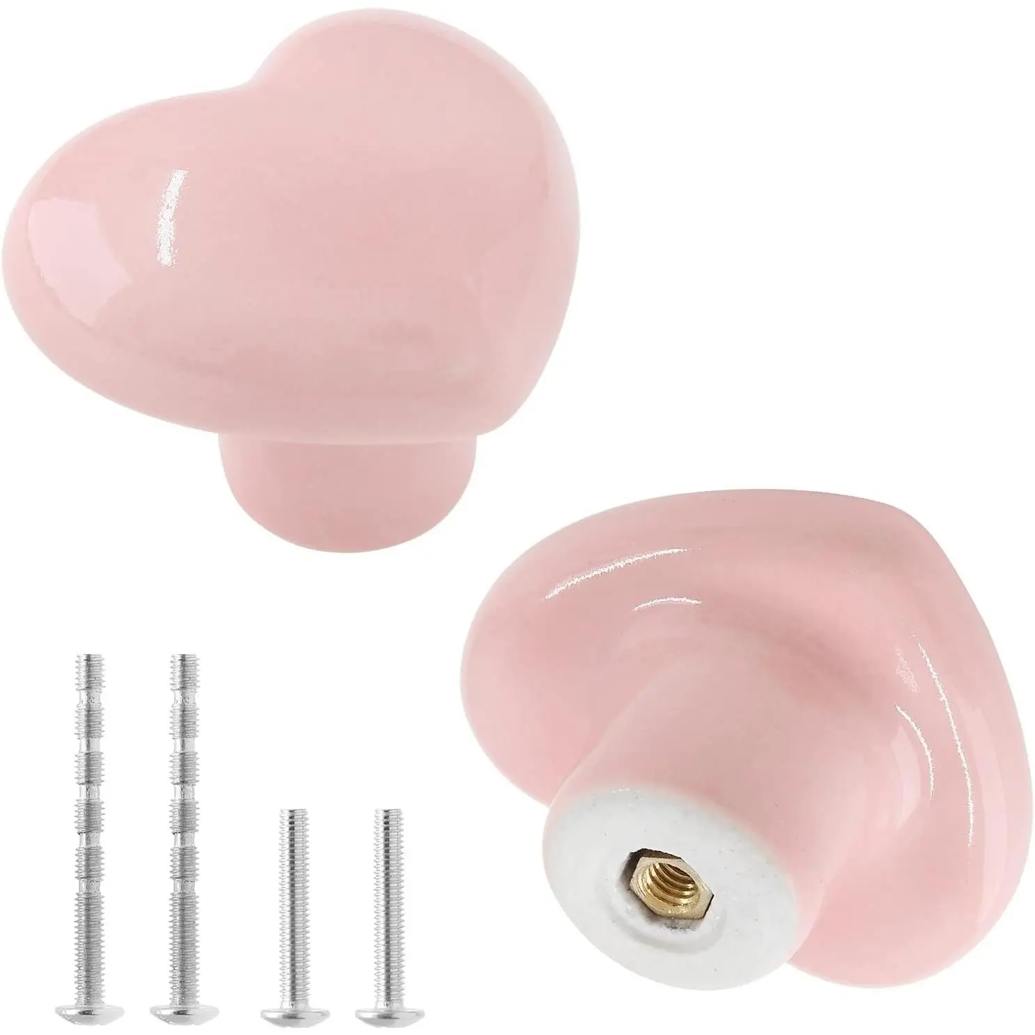 2pcs Pink Heart Ceramic Drawer Knobs, Cute Cabinet Pulls for Kids, Glazed Ceramic Smooth Design, Includes Two Types Mounting Screws, for Dresser Wardrobe Cupboard ClosetGift