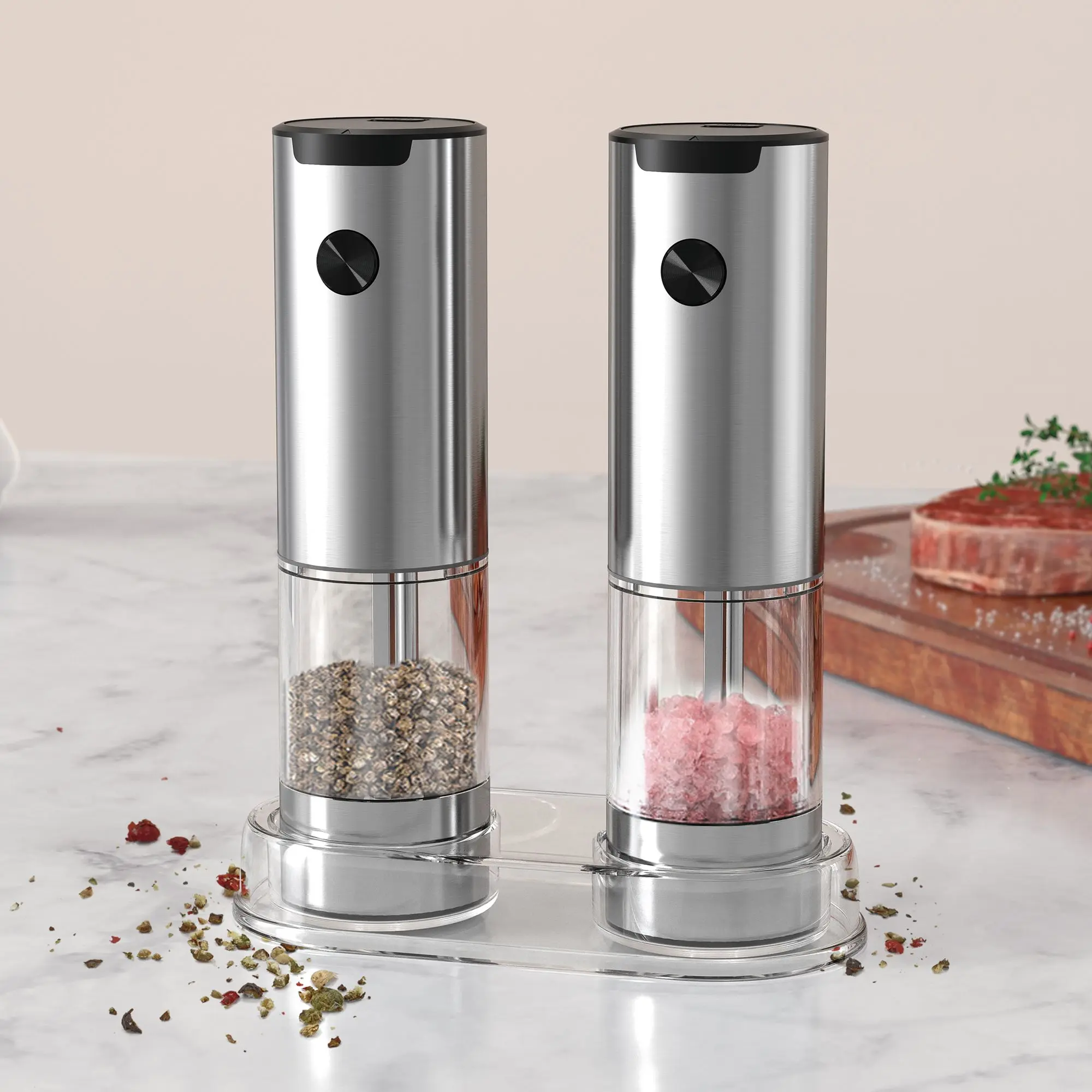 Electric Salt and Pepper Grinder Set,  Automatic Battery Salt and Pepper Shakers, 6 Adjustable Coarseness with LED, 100ml Upgraded Larger Capacity Mill Shakers for Kitchen, Dining