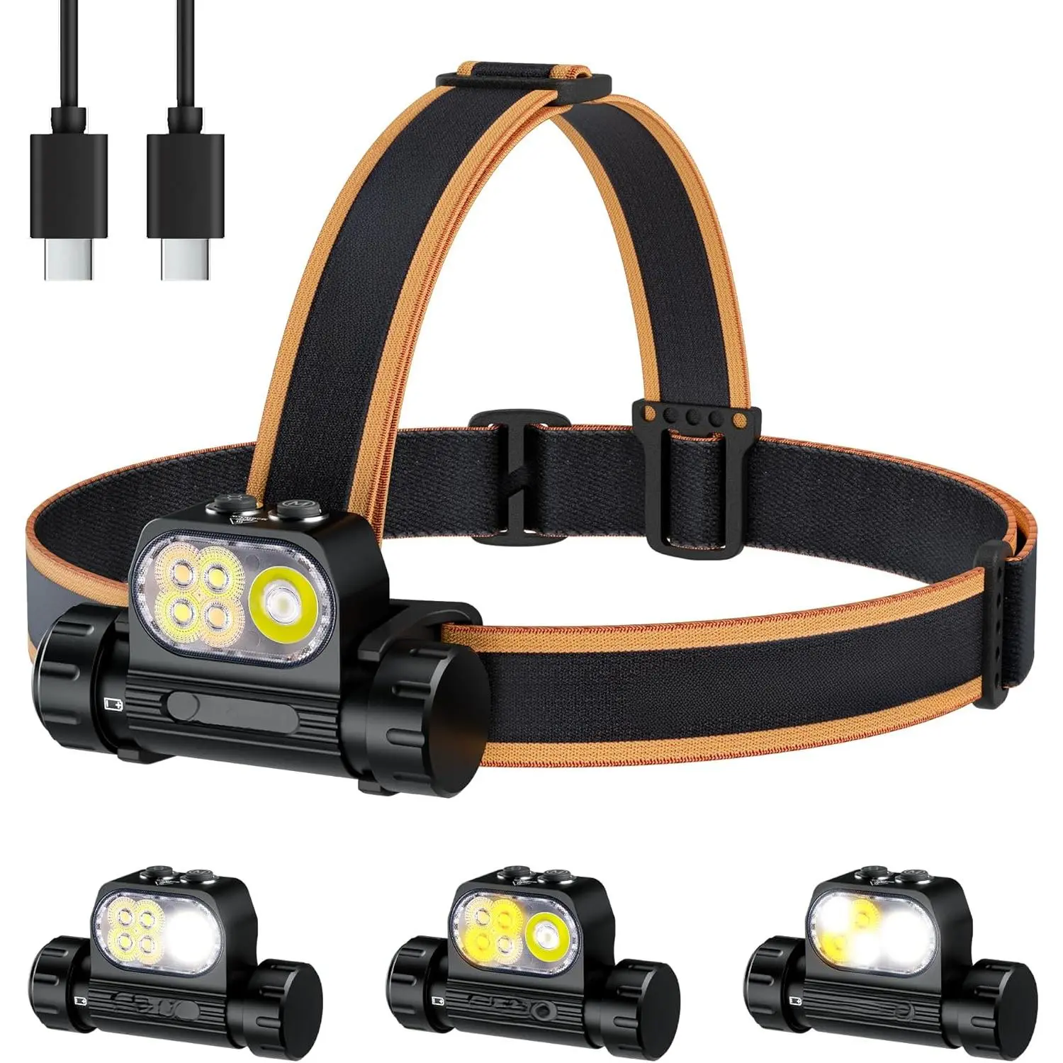 HS22 Rechargeable Headlamp 2500 Lumens, Stepless Tint Mixing (2700K Warm to 6500K Cool), Dual Beam LED Headlight with Floodlight Spotlight, IP66 Waterproof  Camping, Hiking& Hard Hat Work