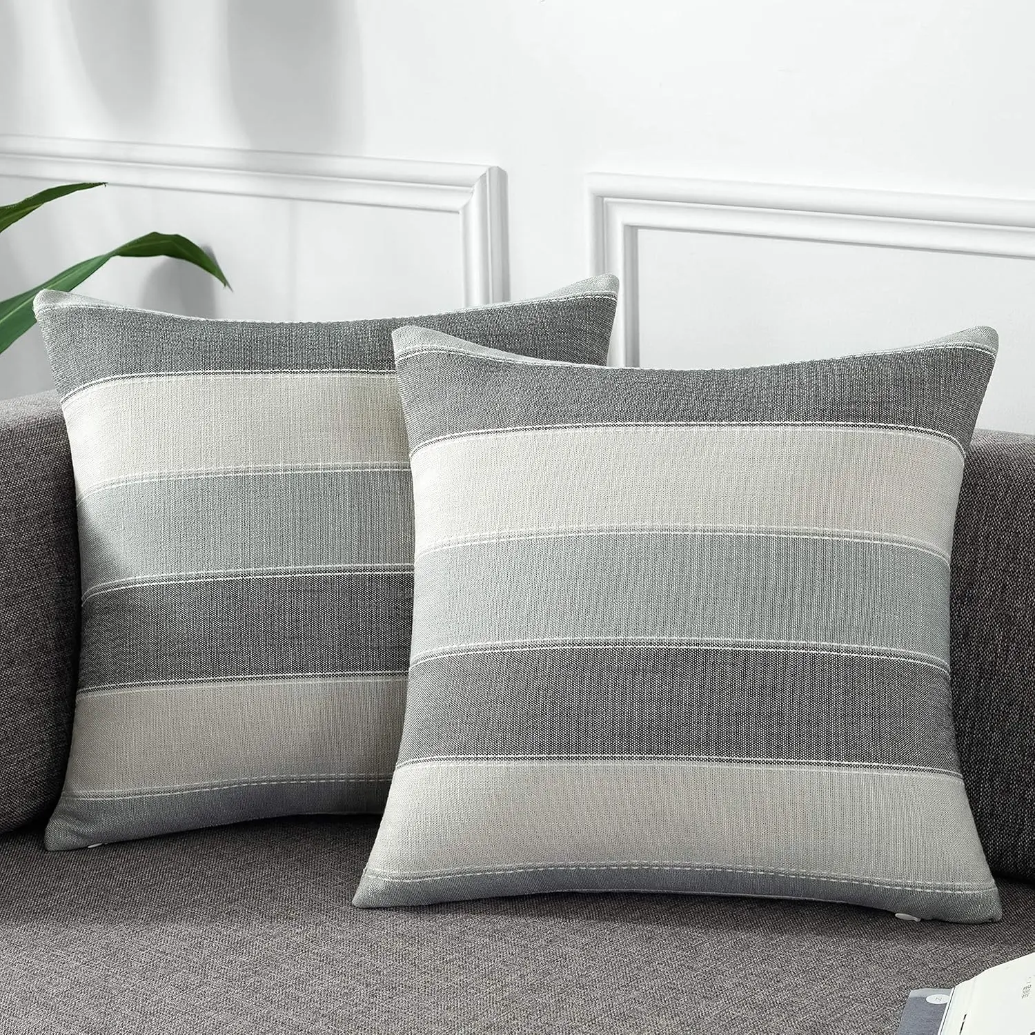 2-Pack Farmhouse Stripe-Check Cotton Decorative Pillow Covers, Modern Fade-Resistant 18x18 in Cushion Cases for Home/Office/Car Couch Bench Sofa, Dark Grey Beige