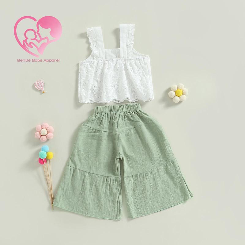 (65% Cotton) GBA Baby Baby Girls Summer Outfit Solid Color Sleeveless Lace Tank Tops and Elastic Casual Wide Leg Pants Set