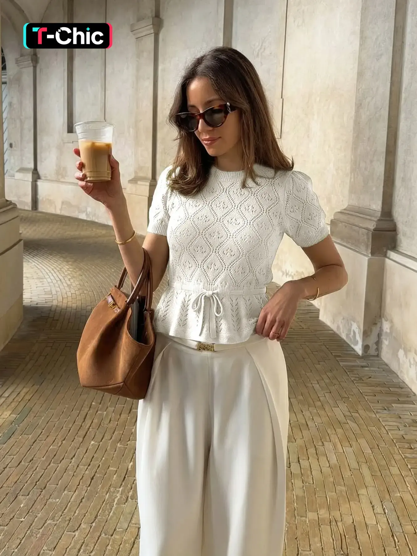 Women's Summer Knit Top Crew Neck Hollow Out Short Sleeve Tie Bow Flared Hem Knitted Top, Casual Fashion Daily Commute Sweater Top, Women Summer Tops Knitwear