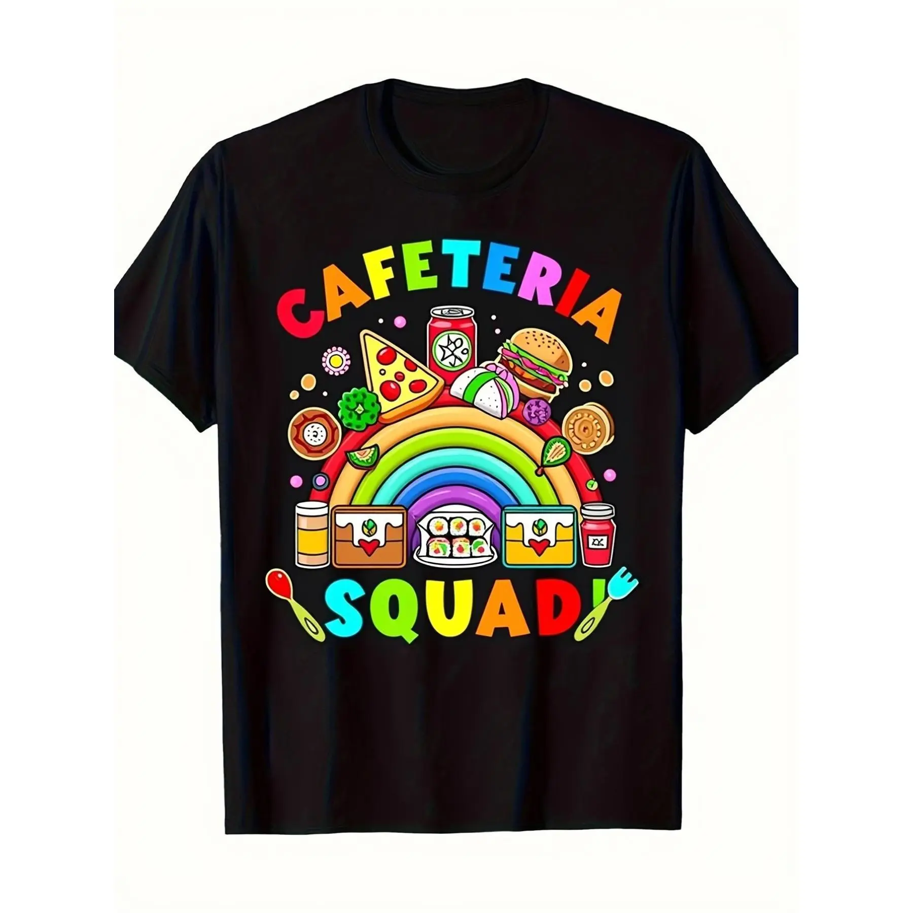 Women's Cafeteria Squad School Lunch Crew TShirt Funny Food Rainbow Graphic with Pizza Salad Fruits Veggies Soft Casual Tee Gift for Teachers Lunch Ladies Cafeteri Versatile Street Style T Shirt