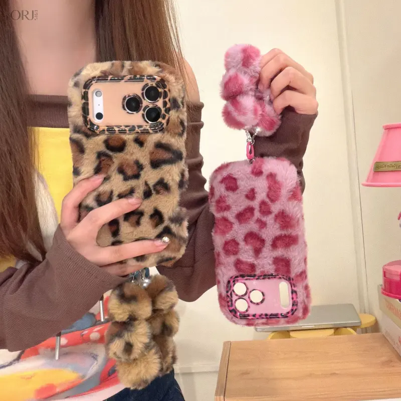 `Y2K Leopard Plush Phone Case, Fluffy Fuzzy Cover with Hand Strap & Lens Stand for iPhone 17 16 15 Pro Max`