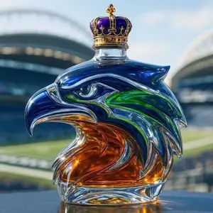 Seahawks Pride Eagle Head Decanter, Royal Crown Top Glass Whiskey Bottle, Perfect for Game Day, Unique Sports Collectible