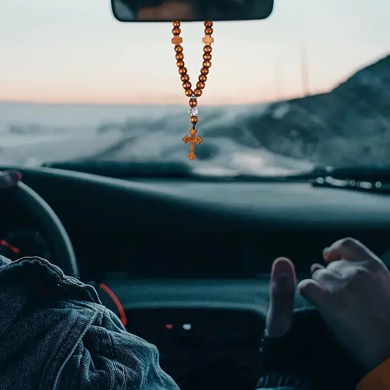 Wooden Bead Cross Car Mirror Pendant, Rearview Mirror Accessory, Prayer Bracelet, Decorative Item, Perfect Gift Choice