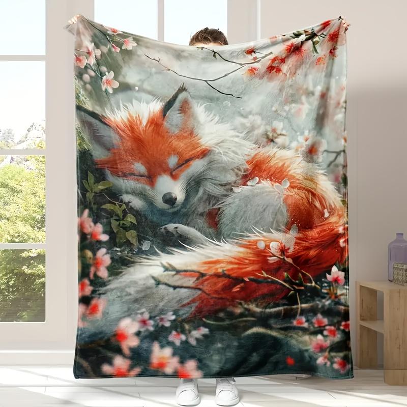 Vintage Fox Print Blanket Cottagecore Room Decor Reversible Flannel Throw Woodland Animal Aesthetic Soft All Season Bedding