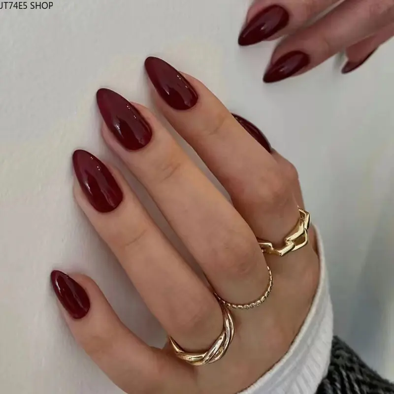 Wine Red Solid Color Press On Nails, Elegant European Style Skin Brightening Waterproof False Nail Tips