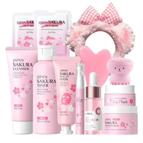 LAIKOU Skin Care Set Sakura Women Beauty Gift Sets Korean Skin Care Kit- Cleanser,Serum,Face Cream,Toner,Eye Cream,Mud Mask,Peel Off Mask-Skin Care Routine Kit Spa Gift Set