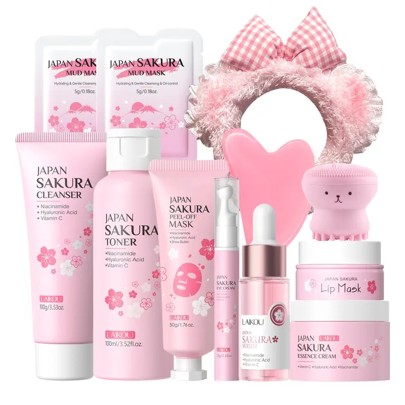 LAIKOU Skin Care Set Sakura Women Beauty Gift Sets Korean Skin Care Kit- Cleanser,Serum,Face Cream,Toner,Eye Cream,Mud Mask,Peel Off Mask-Skin Care Routine Kit Spa Gift Set
