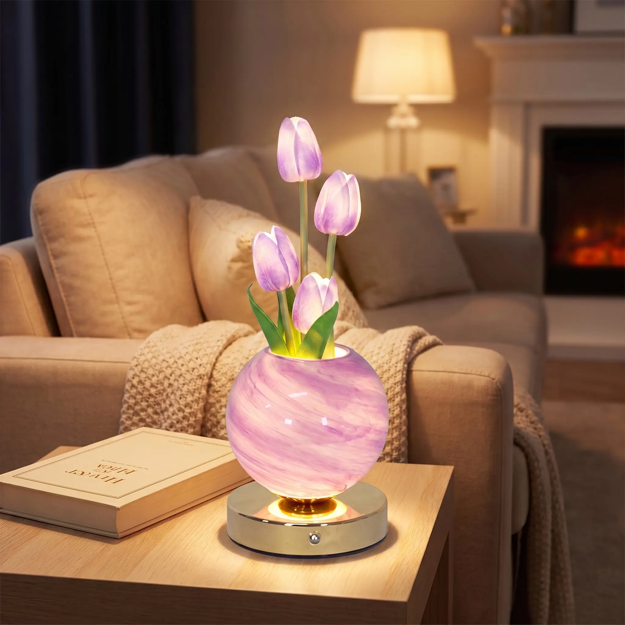 3-Color Touch Control Tulip Bouquet Night Lamp, USB Rechargeable Simulation Flower Table Light, Decorative Ambient Ornament for Bedroom Desk, Romantic Present for Valentine, Wedding, Birthday, Multiple Colors Optional