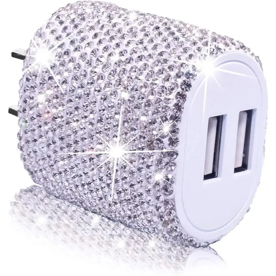 Rhinestone USB Wall Charger, 5V/2.4A 24W Single-Port Mobile Charger Plug Block Adapter with Protection for Portable Android Phones, Pads, Tablets & Other Devices (White), Usb Ports