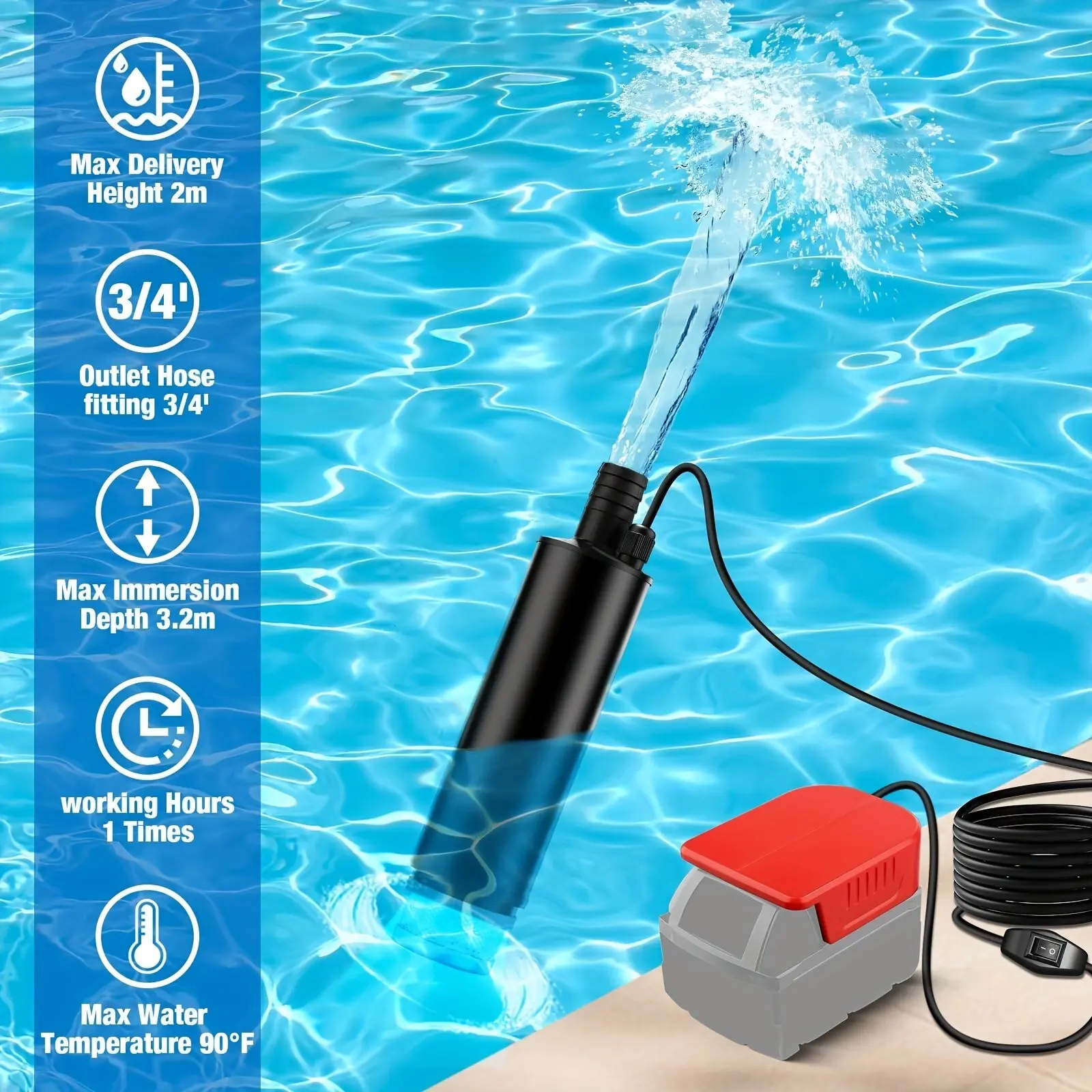 Cordless Submersible Water Pump For 18V Red Battery, 635GPH Portable Transfer Water Pump For Camping Tub Garden RV Pond Draining Job Sites(No Battery)