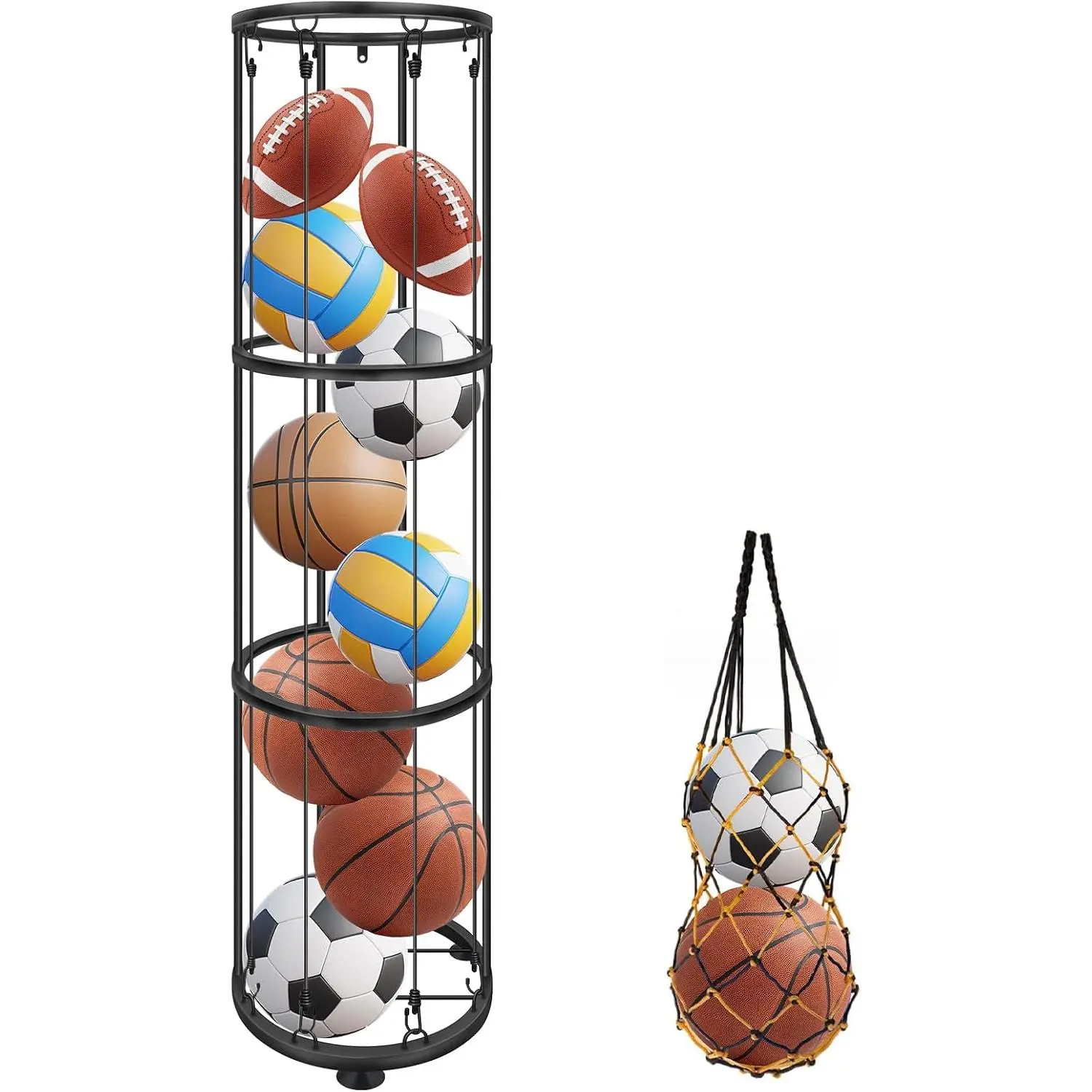 3 Layer Ball Storage Rack Vertical Wall Mount, Garage Basketball Holder | Space Saving Ball Cage, Ball Bag Mesh Net, Elastic Rope, Suction Cup, for Soccer Volleyball Football, for  Room