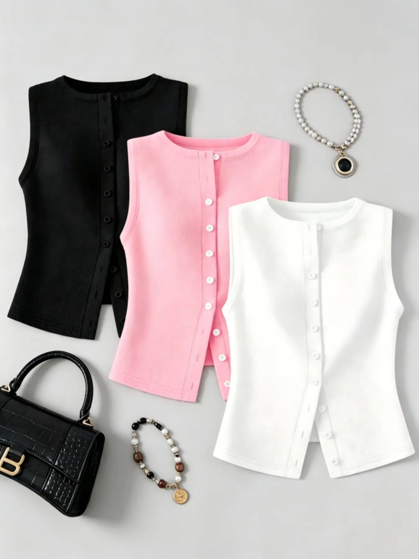 Summer Fashion Round Neck Button Cardigan, Solid Color Simple Sleeveless Clothing Knit Vest, Casual Office Wear, Women's Three-Piece Set Tops