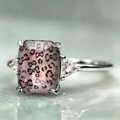 Vintage Pink Leopard Print Rectangle Stone Ring, Artistic Fresh Daily Matching Fashion Jewelry, Sparkly Side Accent Adjustable Statement Accessory For Women Party Dating Outfits