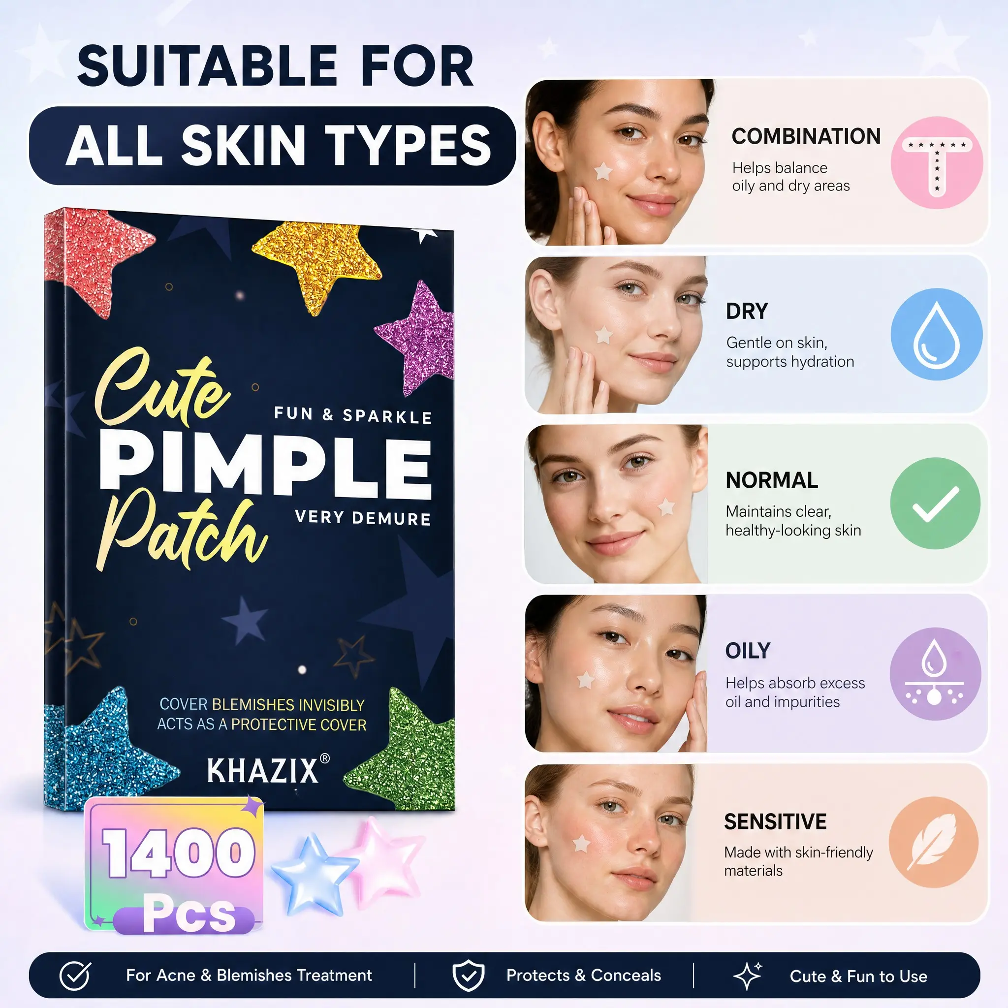 1400pcs Star-Shaped Hydrocolloid Pimple Patches, Gentle Tea Tree & Centella Absorbing Cover Stickers, Invisible Blemish & Pimple Cover, Waterproof Overnight Pimple Stickers, Cute Skincare Accessory