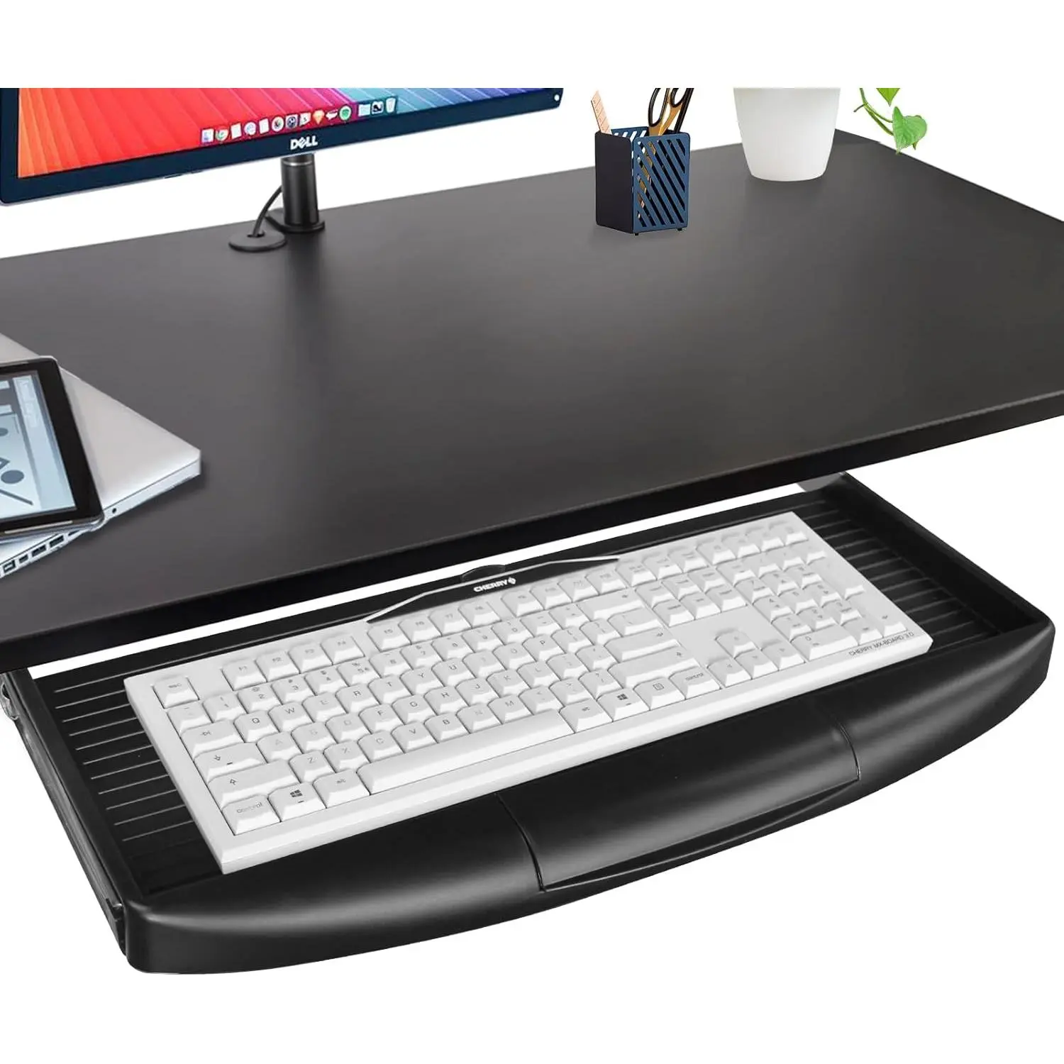 22"Wx11"D Sturdy Slide Out Pull Out Under Desk Keyboard Tray - Black Keyboard Holder Shelf Drawer Desk Extender for Standing & Regular Desks
