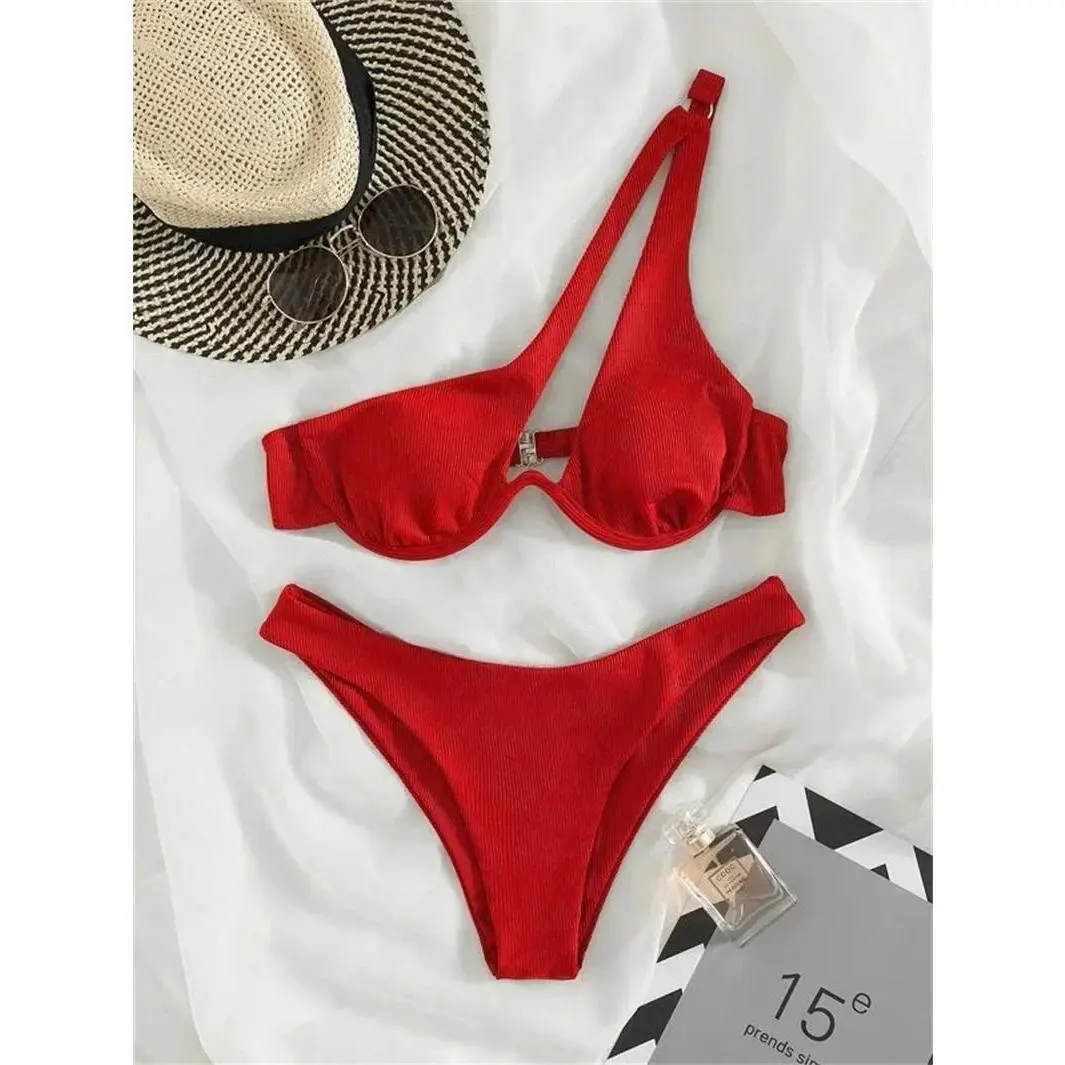 Sexy One Shoulder Bikini Set 2025 Women Red Black Push Up Underwire Micro Swimsuit Brazilian Cut Out Bathing Suit Thong SwimwearBeach photography