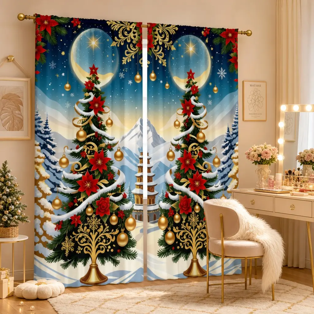 2 Piece Moonlit Snowy Christmas Tree Curtains, Winter Landscape Style, Festive Print Fabric, Bedroom Living Room Decor, Romantic Holiday Atmosphere