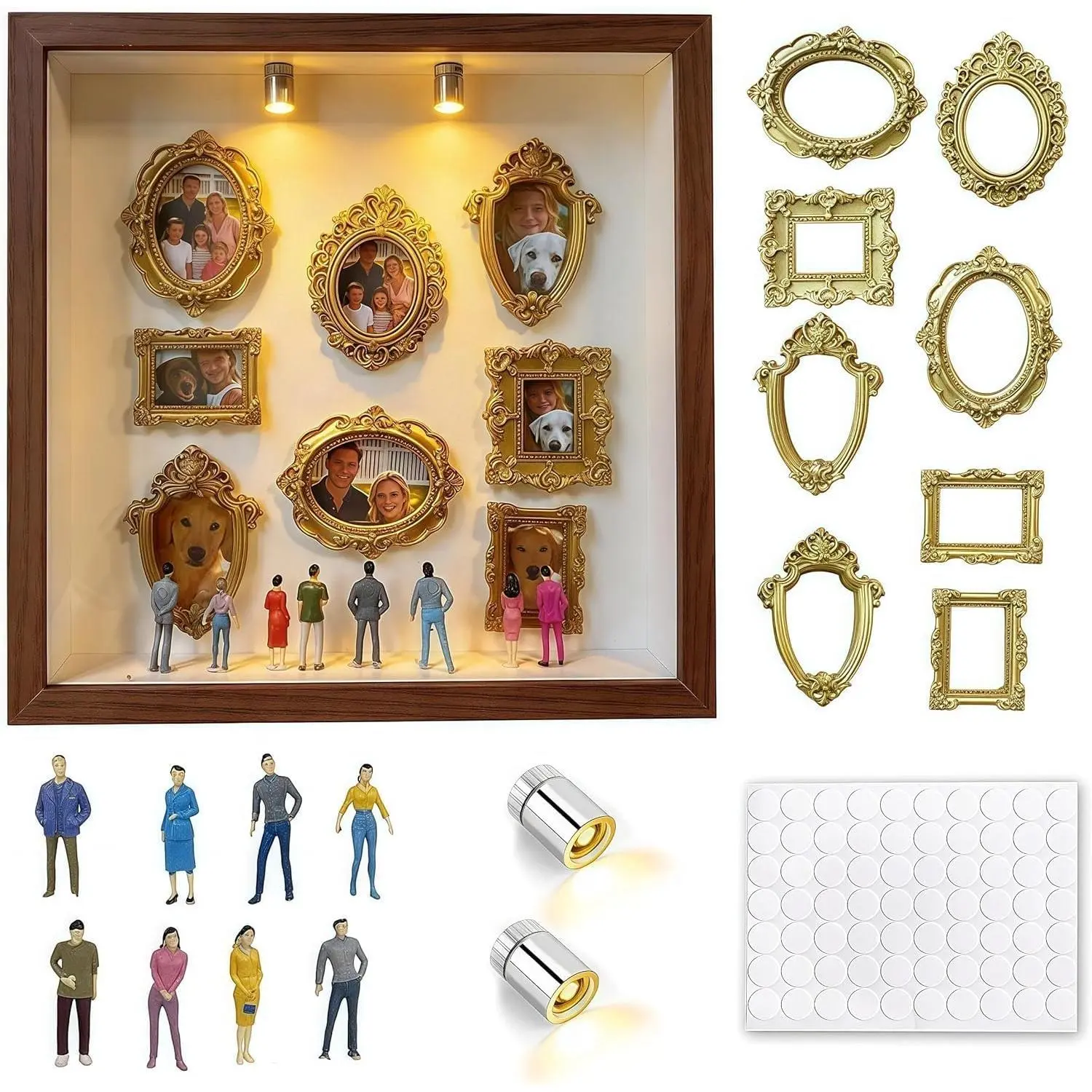 Valentine's Birthday  - DIY Mini Museum Shadow Box with 8 Frames, 8 Figurines & 2 LED Lights, Anniversary & Romantic  Decor10x10x1.9 Inches (Black)
