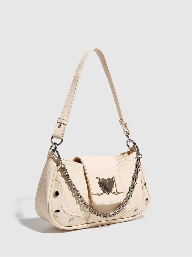 Women's Fashion Chain Decor Shoulder Bag, Heart Decorated Crocodile Textured Pu Leather Bag for Daily Used, Trendy All-match Underarm Bag, Cute Y2k Punk Style Hobo Dumpling Bag, Casual Zipper Purse