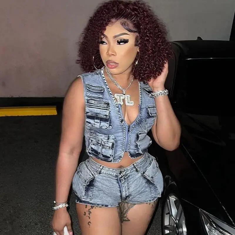 two-piece set woman Multi Pockets Denim Shorts Outfit Sexy Women Elegant Two Pieces Jeans Club Macthing Jacket+Shorts