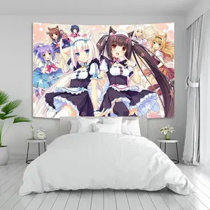 Kawaii Nekopara Catgirl Anime Tapestry Wall Hanging, Psychedelic Pink Dorm Flag Poster, Otaku Gamer Room Decor Aesthetic, Anime Fan Streaming Background Cloth