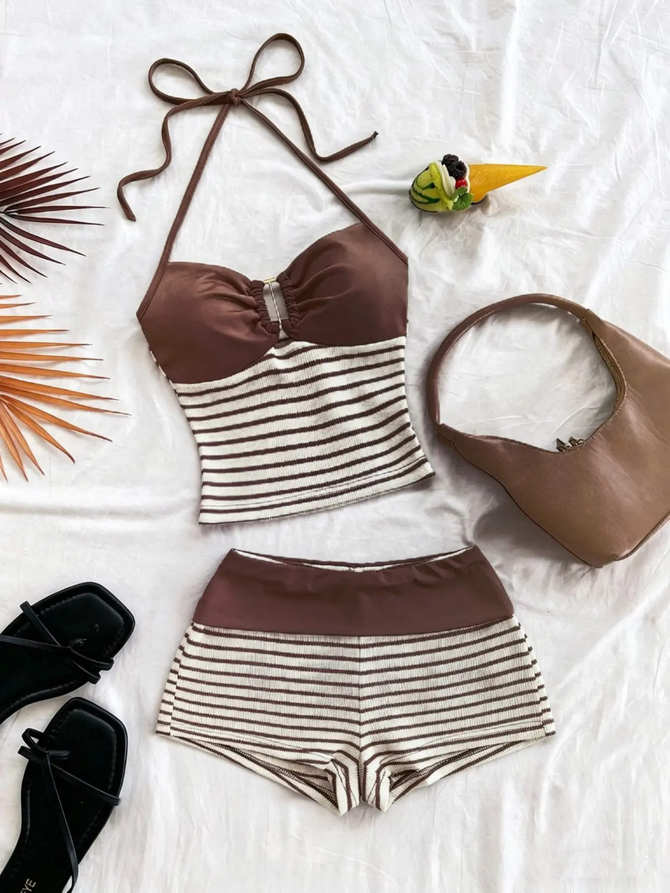 Women's 2-Piece Set Striped Halter Top and Shorts, Ribbed Fabric with Metal Decor Buckle, Perfect for Parties, Valentine's Day, Boho Style, Holidays