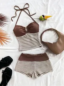 Women's 2-Piece Set Striped Tank Top Shirt and Shorts, Ribbed Fabric with Metal Buttons, Perfect for Parties, Valentine's Day, Boho Style, Holidays
