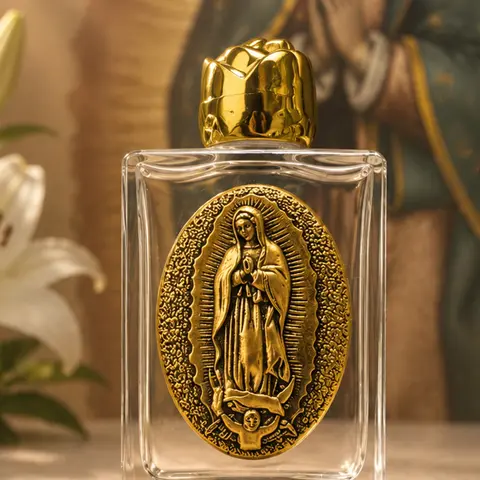 Glass Holy Water Bottle with Relief of Our Lady of Guadalupe, Gold and Silver Relief Empty Religious Holy Water Vessel of Saint Jude, Holy Water Bottles for Catholic Believers